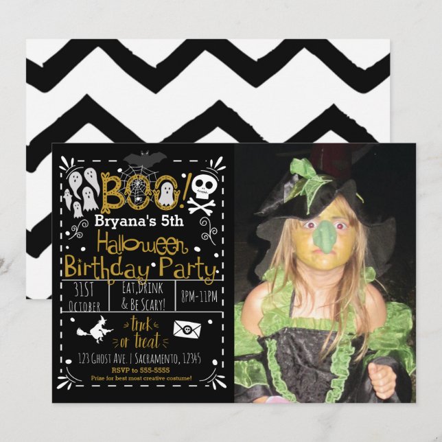 Halloween Whimsical Modern Birthday Party Foto Einladung (Vorne/Hinten)