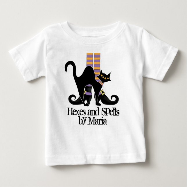 Halloween Whimsical Niedlich Black Cat Hexenschuhe Baby T-shirt (Vorderseite)