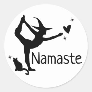 Halloween White Black Cat Yoga Namaste Fun Runder Aufkleber