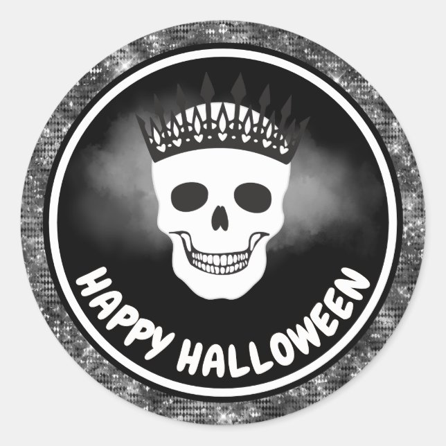 Halloween, White Skull Queen und Black Glitzer Runder Aufkleber (Vorderseite)