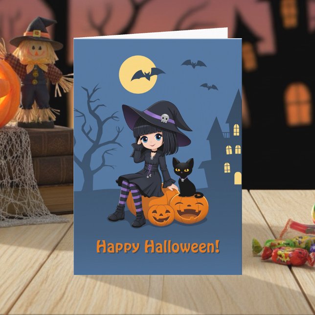 Halloween Witch, Black Cat, and Curved Pumpkins Karte (Von Creator hochgeladen)