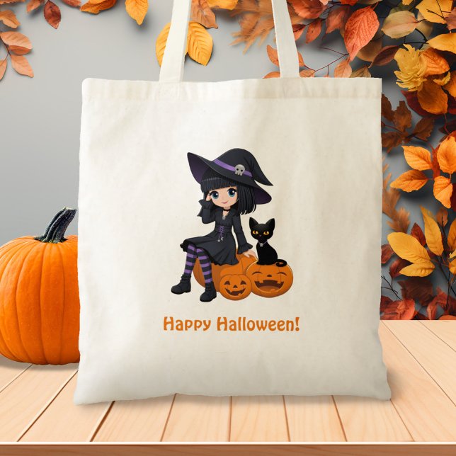 Halloween Witch, Black Cat, and Curved Pumpkins Tragetasche (Von Creator hochgeladen)