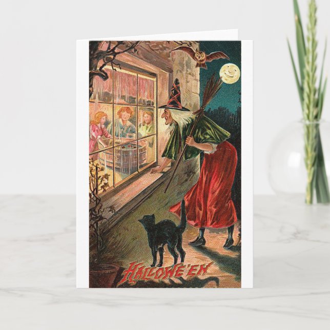 Halloween Witch, Cat Staring in Window Karte (Vorderseite)