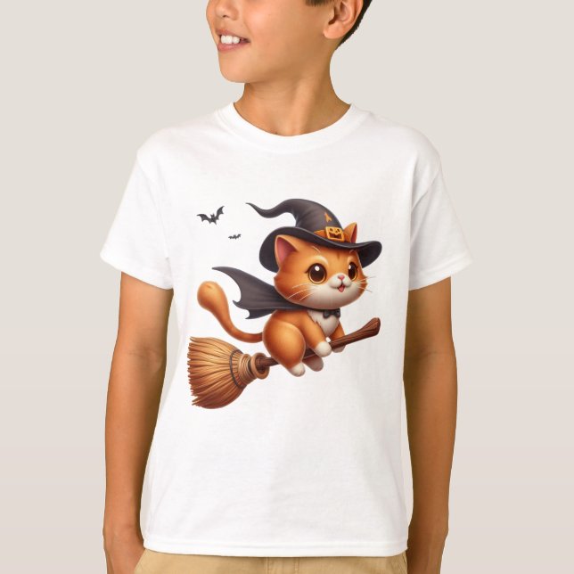 Halloween Witch Cats Riding Broomstick Bats T-Shirt (Vorderseite)