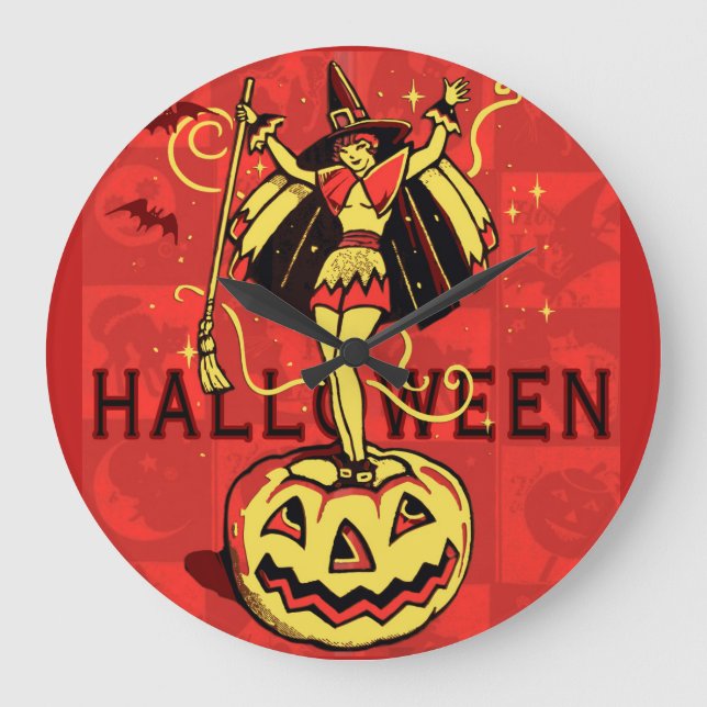 Halloween Witch Girl (vintage) Große Wanduhr (Vorderseite)