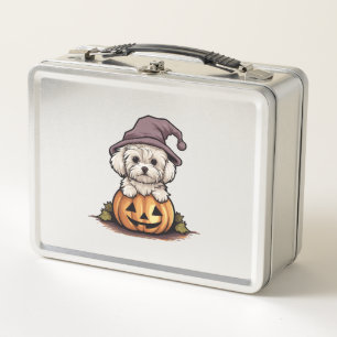 Halloween Witch Hat Pumpkin Dog Maltese Metall Brotdose