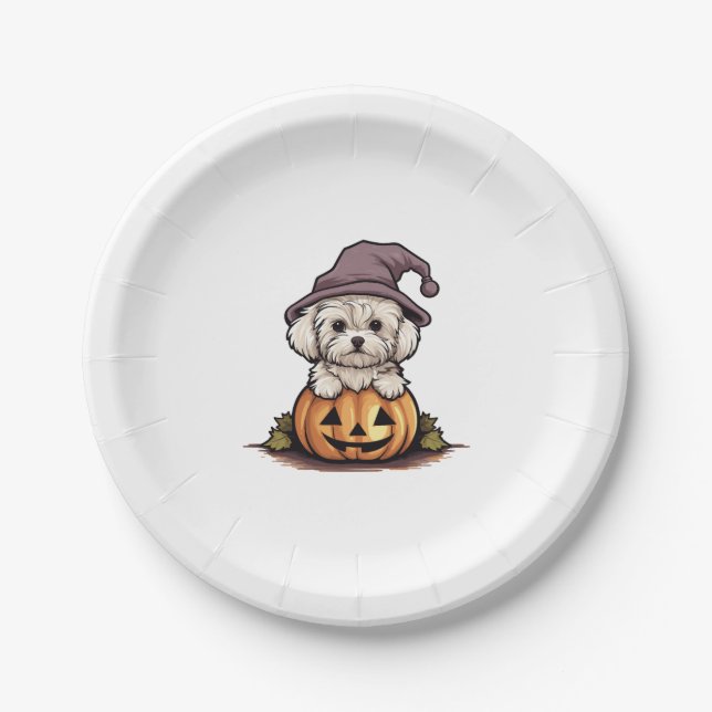 Halloween Witch Hat Pumpkin Dog Maltese Pappteller (Vorderseite)