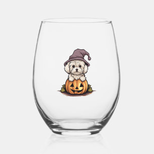 Halloween Witch Hat Pumpkin Dog Maltese Weinglas Ohne Stiel