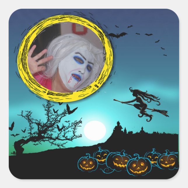 Halloween Witch, Jack o' Lanterns, Foto von Frame Quadratischer Aufkleber (Vorderseite)