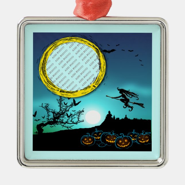 Halloween Witch, Jack o' Lanterns, Foto von Frame Silbernes Ornament (Vorne)