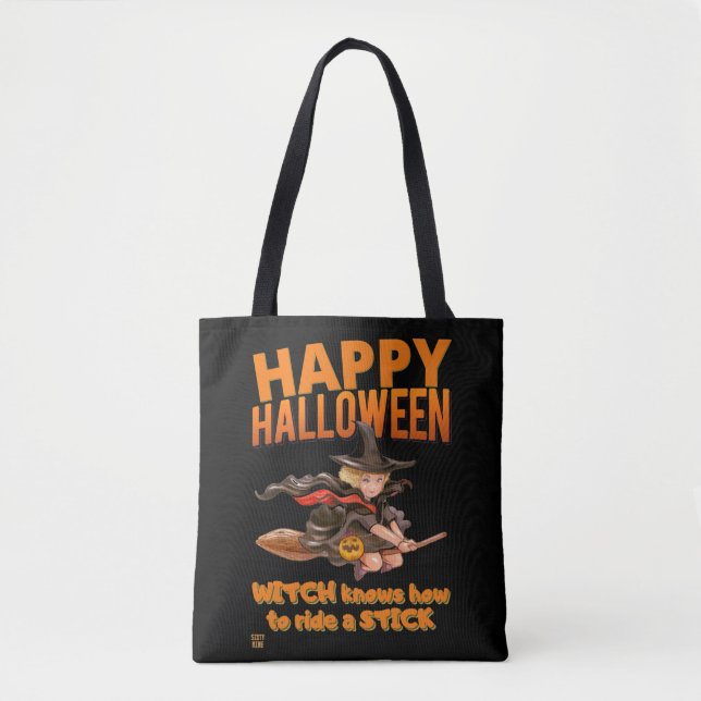 "HALLOWEEN WITCH RIDES STICK" lustig Tasche (Vorderseite)