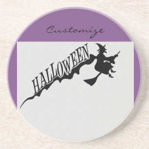 Halloween Witch Riding Broom Thunder_Cove Sandstein Untersetzer