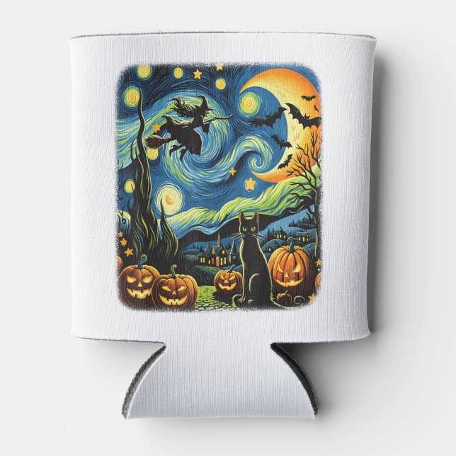 Halloween Witch Van Gogh Starry Night Black Cat Pu Dosenkühler (Vorderseite)