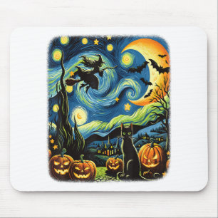 Halloween Witch Van Gogh Starry Night Black Cat Pu Mousepad