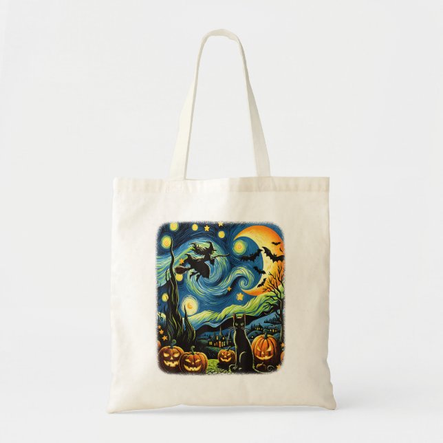 Halloween Witch Van Gogh Starry Night Black Cat Pu Tragetasche (Vorne)