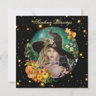 Halloween witch with black kitten greeting card karte