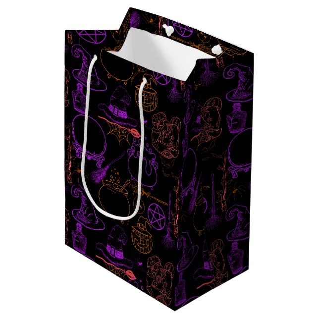 Halloween Witchcraft Muster Neon 01 Black BG Mittlere Geschenktüte (Vorderseite Schrägansicht)