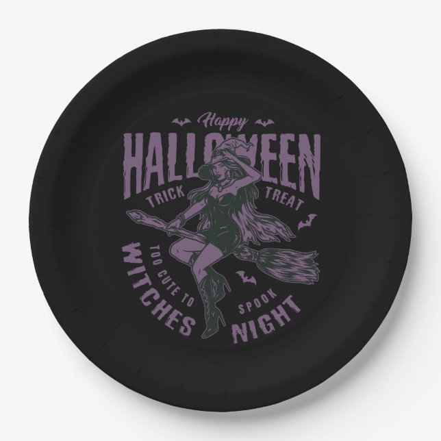 Halloween Witz auf Broom Paper Plate - Hexe Pappteller (Vorderseite)