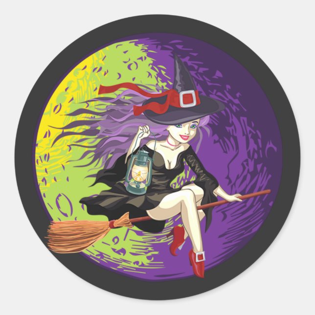 Halloween Witz Riding Broom Runder Aufkleber (Vorderseite)
