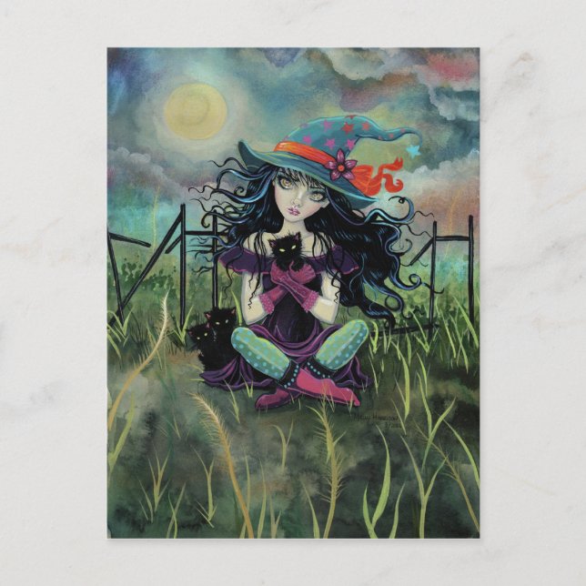 Halloween Witz und Black Cats Fantasy Art Postkarte (Vorderseite)