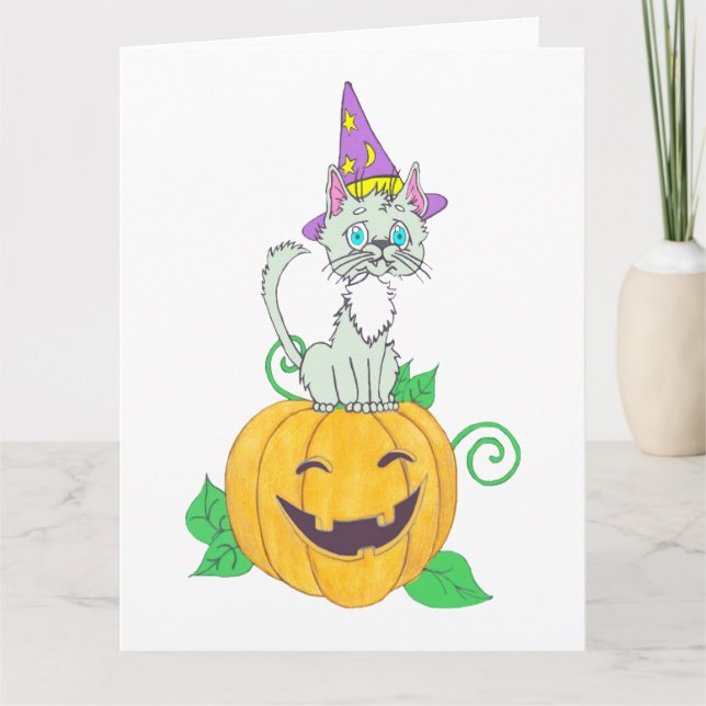 Halloween Wizard Cat on Pumpkin Karte (Vorderseite)