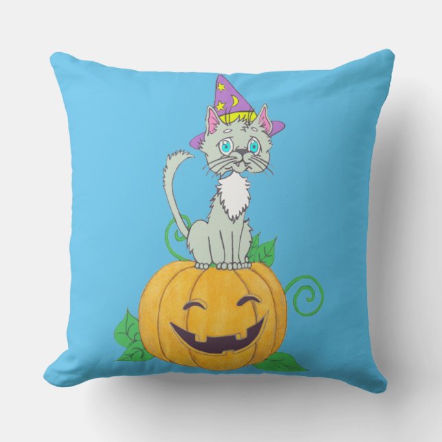 Halloween Wizard Cat on Pumpkin Kissen (Vorderseite)