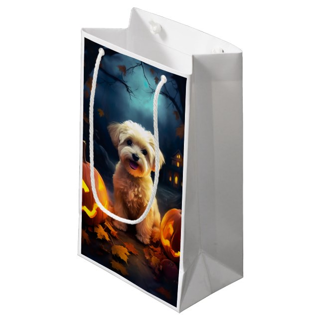 Halloween Yorkipoo mit Pumpkins Beängstigend Kleine Geschenktüte (Vorderseite Schrägansicht)