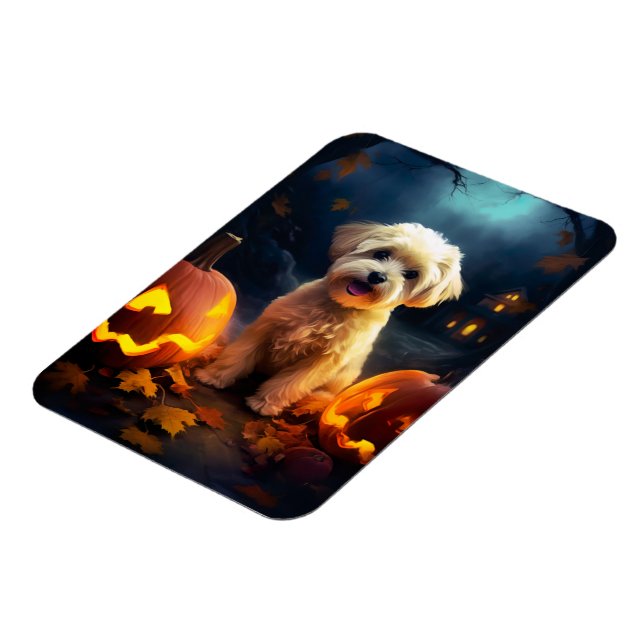 Halloween Yorkipoo mit Pumpkins Beängstigend Magnet (Linke Seite)