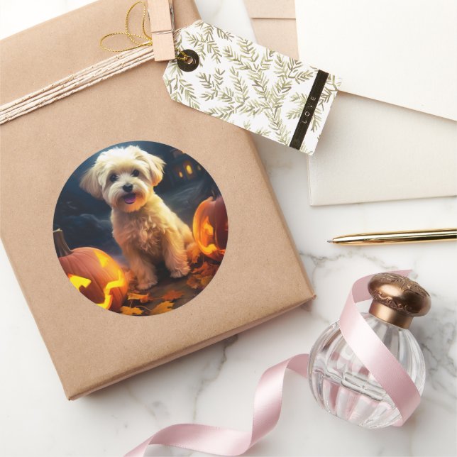 Halloween Yorkipoo mit Pumpkins Beängstigend Runder Aufkleber (Schenken)