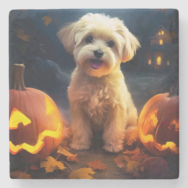 Halloween Yorkipoo mit Pumpkins Beängstigend Steinuntersetzer (Vorderseite)