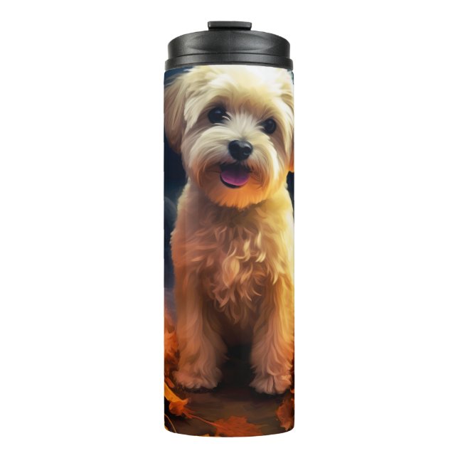 Halloween Yorkipoo mit Pumpkins Beängstigend Thermosbecher (Vorderseite)