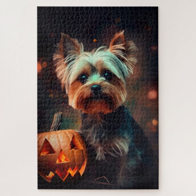 Halloween Yorkshire Terrier mit Pumpkins Beängstig (Vertikal)
