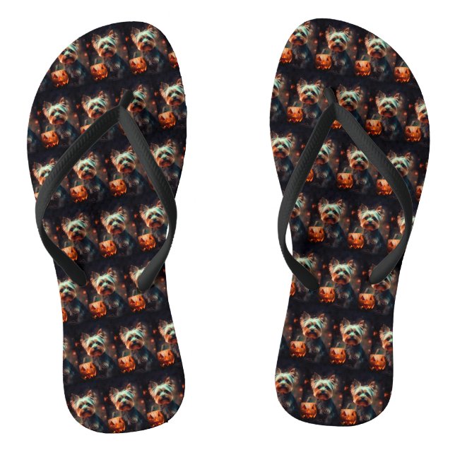 Halloween Yorkshire Terrier mit Pumpkins Beängstig Flip Flops (Fußbett)