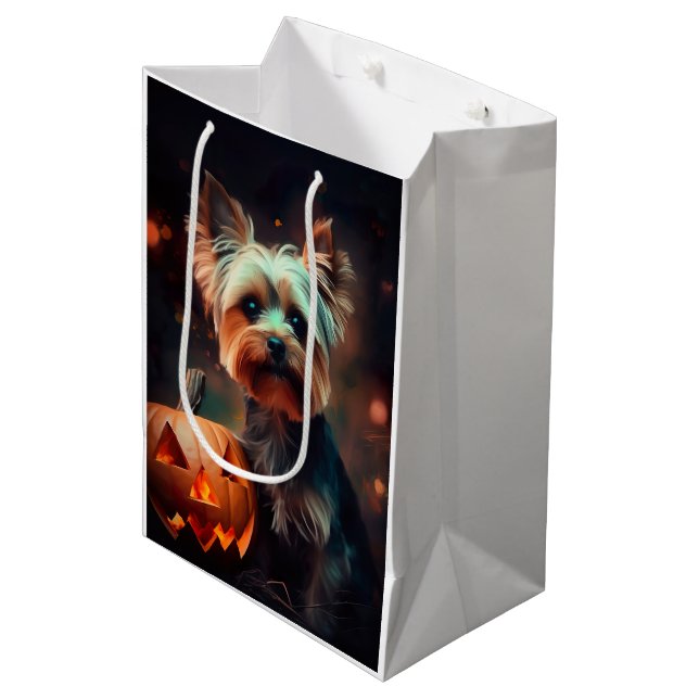 Halloween Yorkshire Terrier mit Pumpkins Beängstig Mittlere Geschenktüte (Vorderseite Schrägansicht)