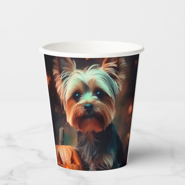 Halloween Yorkshire Terrier mit Pumpkins Beängstig Pappbecher (Vorderseite)