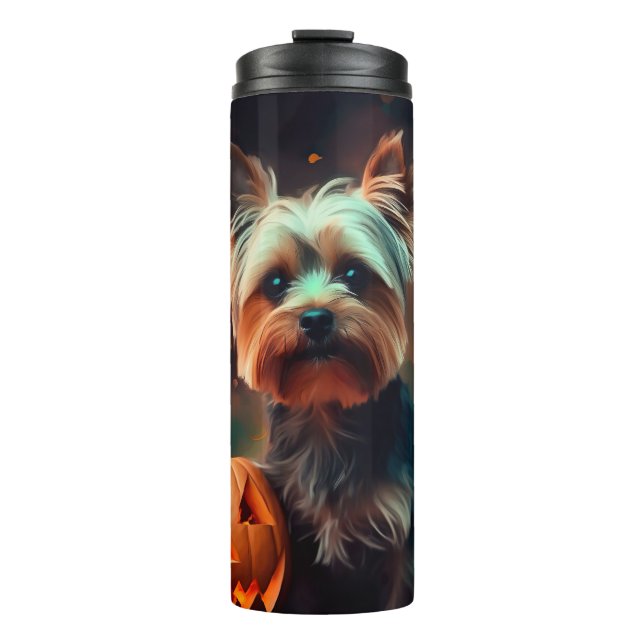 Halloween Yorkshire Terrier mit Pumpkins Beängstig Thermosbecher (Vorderseite)