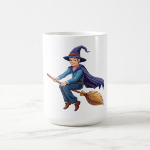 Halloween-Zauberer fliegt auf magischem Besen Kaffeetasse