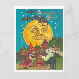 Halloween-Zeit, junge Hexe bei Vollgelbmond Postkarte