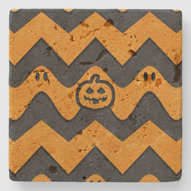 Halloween-Zickzack Muster mit Geistern und Kürbisk Steinuntersetzer (Vorderseite)