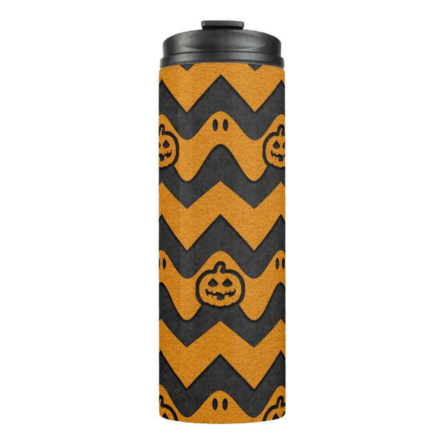 Halloween-Zickzack Muster mit Geistern und Kürbisk Thermosbecher (Vorderseite)