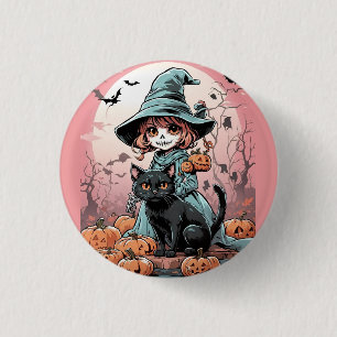 Halloween-Zombie-Hexe mit schwarzer Katze Abzeiche Button