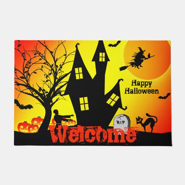 Halloween Zombie Hexengespenst und Fledermaus vor  Fußmatte (Vorderseite)