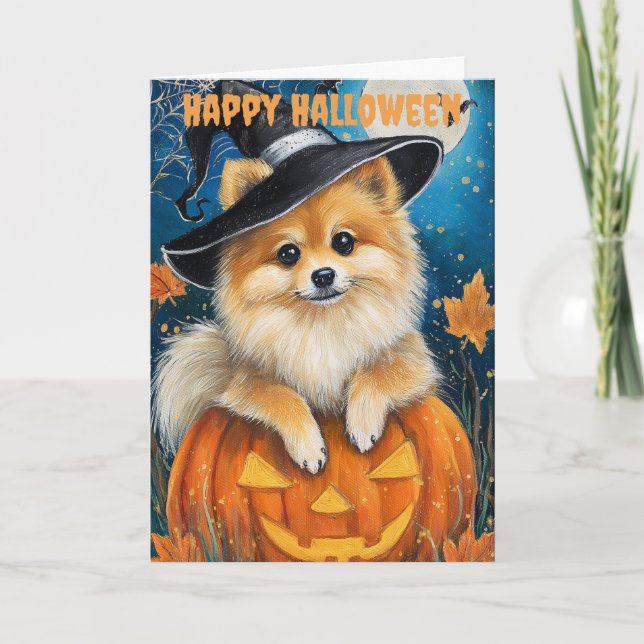 Halloween Zwergspitz Feiertagskarte (Vorderseite)