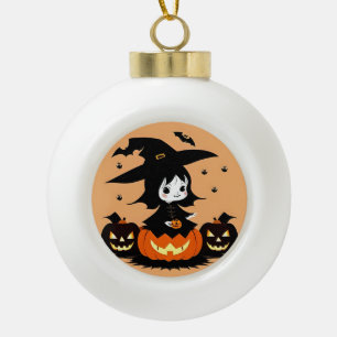 Halloweenhexe mit Kürbissen Keramik Kugel-Ornament