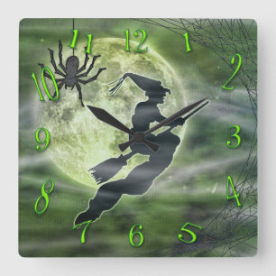 Halloweenhexe-und -spinnen-quadratisches Grün Quadratische Wanduhr