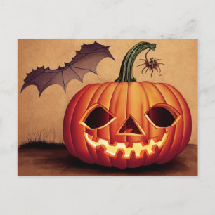 Halloweenkürbis mit Fledermaus und Spinne. Postkarte