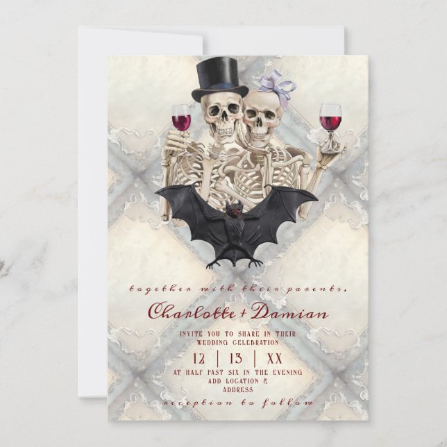Hallowen Gothic Skulls Tarot The Lovers Wedding Einladung (Vorderseite)