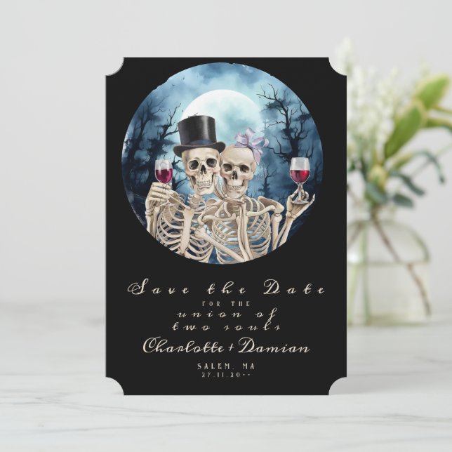 Hallowen Gothic Skulls Tarot The Lovers Wedding Save The Date (Stehend Vorderseite)
