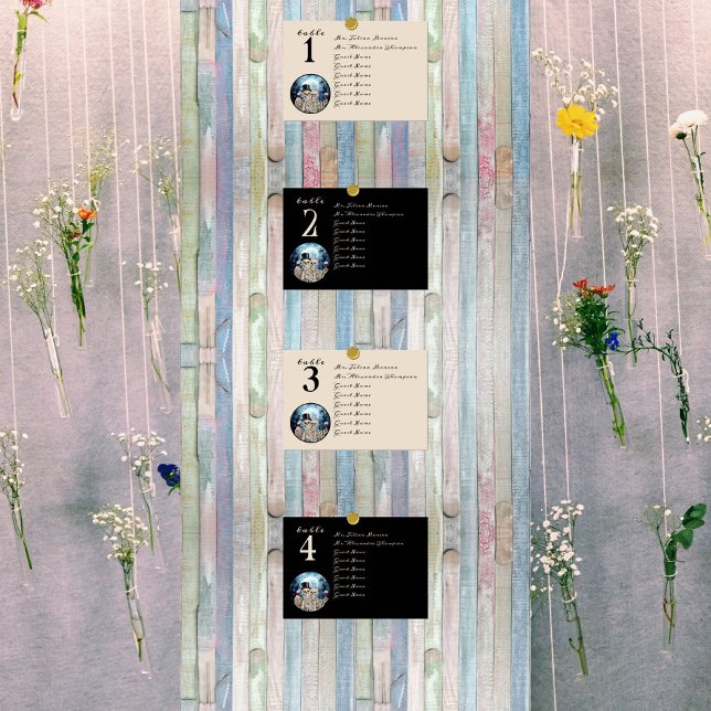 Hallowen Gothic Skulls Tarot The Lovers Wedding Tischnummer (Boho sitting chart with hanging flowers and table number cards)