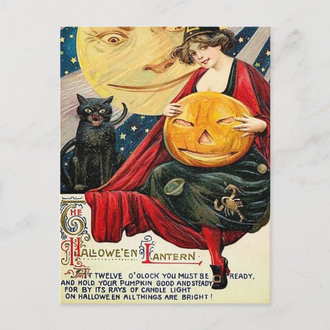 Hallowen sorcière citrouille chat noir carte posta (Devant)